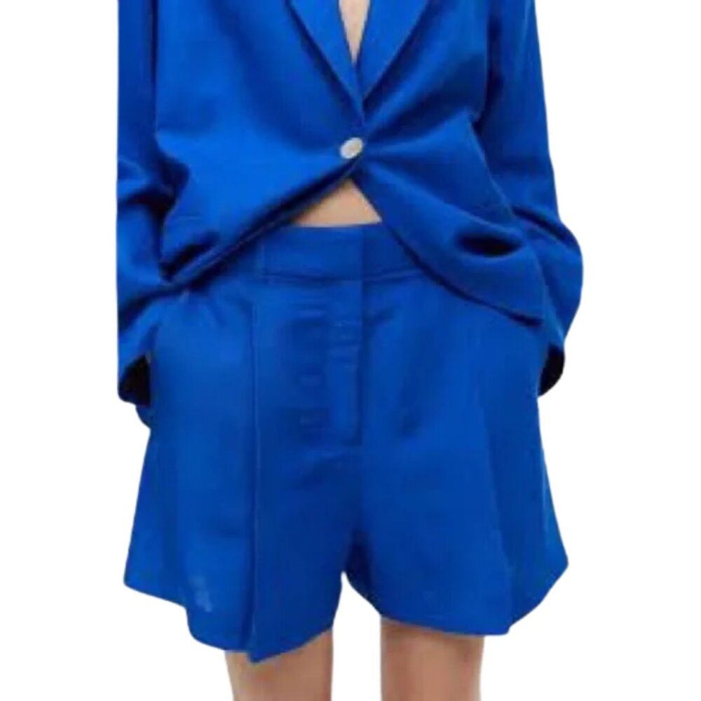 H&M Linen Shorts Blue Linen Blend Casual Royal Blue Bermuda Shorts 10 Medium